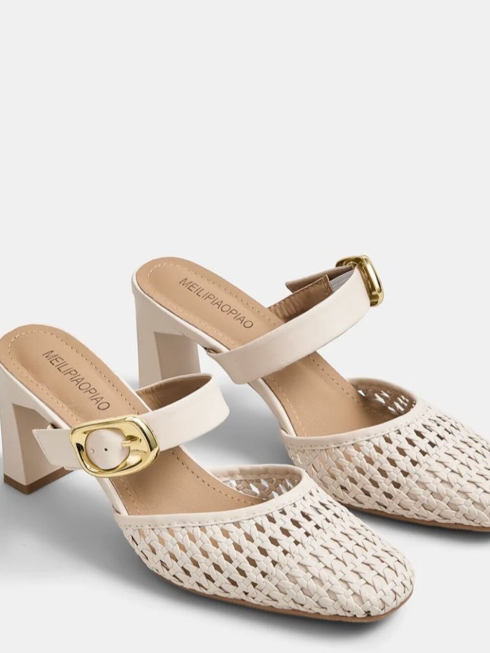 Commense Buckle Strap Block Heel Woven Mules